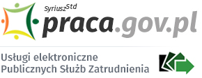 SyriuszSTD praca.gov.pl Usługi elektroniczne publicznych służb zatrudnienia, logo przedstawiające trzy prostojąciki pochylające się w prawą stronę zakończone strzałką
