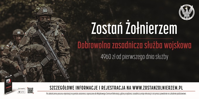 Żołnierz, Ministerstwo Obrony Narodowej
Dobrowolna zasadnicza służba wojskowa, 4960 zł od pierwszego dnia służby. Szczegółowe informacje i rejestracja na www.zostanzolnierzem.pl
Po zakończeniu procesu rejestracji na portalu zostaniesz zaproszony do Wojskowego Centrum Rejestracji, gdzie przejdziesz zasadniczy etap rekrutacji i otrzymasz powołanie na szkolenie podstawowe.