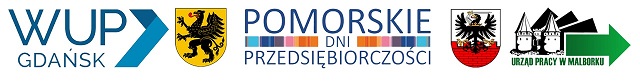 Baner zawierający loga WUP Gdańsk, województwa pomorskiego, pomorskich dni przedsiębiorczości, powiatu malborskiego, PUP Malbork