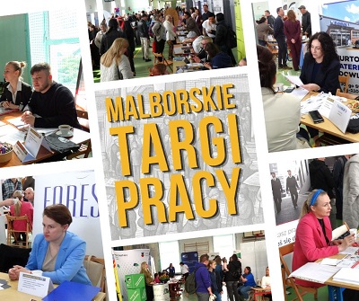 W środku napis Malborskie Targi Pracy, wokół fragmenty sześciu zdjęć przedstawiający przedstawiających osoby uczestniczące w wydarzeniu.